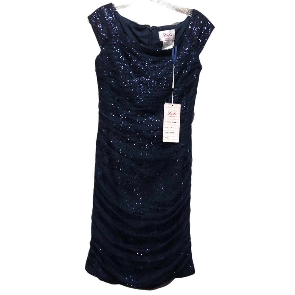Let’s‎ Fashion N.W.T. Medium Navy Blue Sequins Midi Dress.Cocktail,Ruched,Zipper